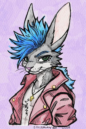 Blue mohawked bunnyguy in red leather jacket looking like a bunnypunx snack. Chester Hare by Tawny Bunn